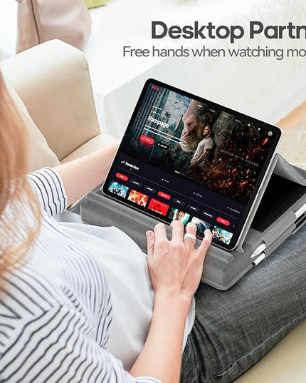 KDD Tablet Pillow Stand, Multi-Angle Viewing Ipad Holder for Lap, Bed and Desk, Foldable Soft Pad Dock with Stylus Mount Compatible with Ipad Pro 12.9, 10.5, 11, Air, Mini, Phones, Books, E-Reader
