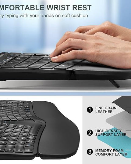 Arteck Ergonomic Keyboard with Cushioned Wrist Palm Rest, Multi-Device Wireless Bluetooth with USB-A USB-C Receiver Comfortable Ergonomic Split Keyboard, for Windows Computer Laptop PC Tablet