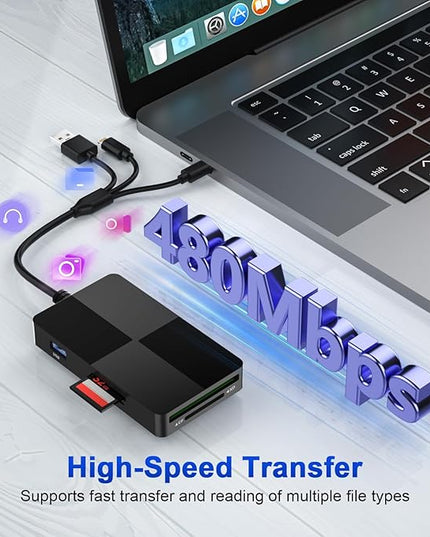 Memory Stick Pro Duo Adapter 8-in-1 Multi-Card Reader with SD/TF/MS/CF/XD Slots & 3 USB 2.0 Ports, Lightning+USB A+USB C Ports Memory Stick Pro Duo Reader for iPhone/iPad/Windows/MAC/Chrome OS