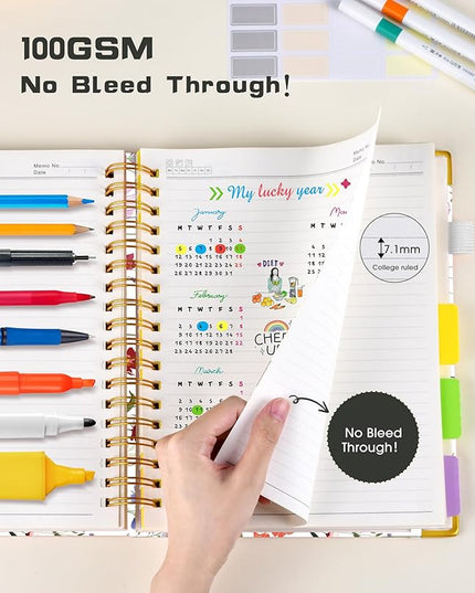 Hardcover Spiral Notebook journal with Removable Dividers Tabs, 300 Pages Leather 5 Subject Notebook College Ruled, 100GMS Notebooks for Work School Note taking,Lined Journal for Women,A5-Flower white