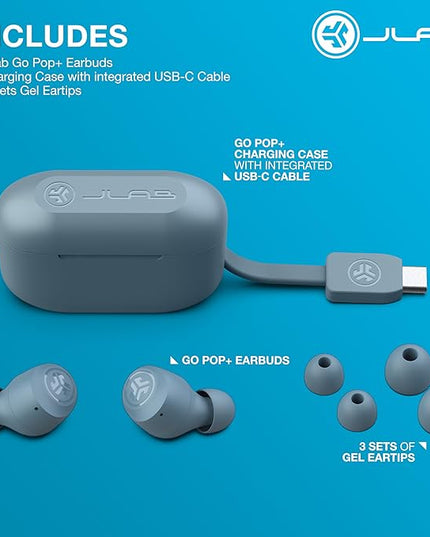 JLab Go Air Pop+ True Wireless Earbuds, in Ear Headphones, Bluetooth Earphones, 35H Playtime Ear Buds, Bluetooth Earbuds with Microphone, USB-C Charging Case, Dual Connect, EQ3 Sound, Slate