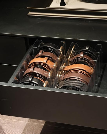Belt Organizer - 2 Pack Clear Stackable Belt holder For Closet Drawer Storage - 5 Compartments with Removable Dividers, Multi-Purpose Display Bins With Inserts For Ties,Socks,underwear (2)