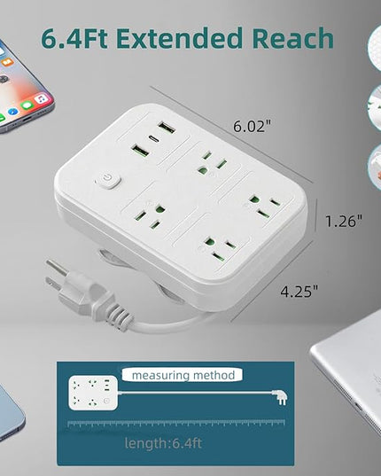 6Ft Extension Cord with Multiple Outlets, Surge Protector Power Strip 4 AC Outlet s & 3 USB Ports Dual Voltage Multi Plug Outlet Extender for Home, Office, Dorm Room Essentials, White