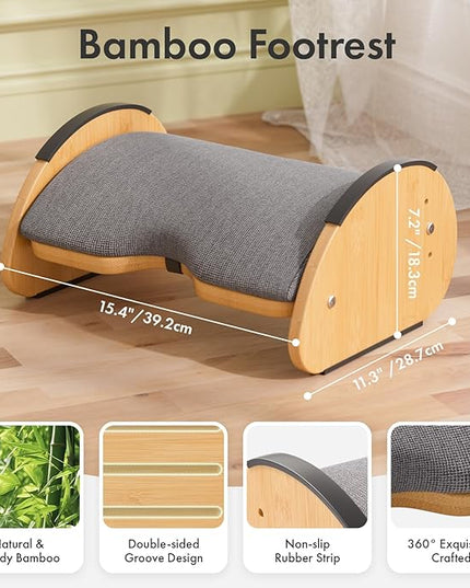 Amazer Bamboo Under Desk Footrest with Cushion 3-in-1, Reversible Ergonomic Rocking Foot Rest for Under Desk at Work, Adjustable Foot Stools with Washable Cover, Desk Leg Rest for Home Office