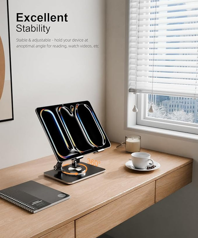 Tablet Stand Holder with Thickened 360°Rotating Base Dual Rod Adjustable Aluminum Stand for All 5.8-12.9” iPad Samsung Phone Tablet Kindle E-Reader and More, Black