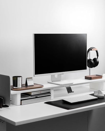 Raico Desk Cockpit Shelf Monitor Stand System Dual Screen Setup Wood Large Desk Accessory Organizer Unit (Matte White, Full Length v2 | 45.7 Inches)