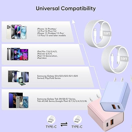 2Pack iPhone 17 Fast Charger,20W Dual USB A+C QC Wall Charger with 10FT USB C-C Charging Cord Apple Charger Fast Charging for iPhone 17/17 Air/17 Pro/16e/16/16 Pro/15/15 Pro/Pro Max/Plus(Purple/Pink)