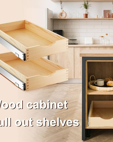 Menkxi 2 Set Pull out Tray Cabinet Organizer Wooden Pull Drawers storage Slide out Pantry Shelf for Base Cabinet Kitchen Gentle Close Fully Assembled Accessories(Wood Color,12'' X 21'' X 3")