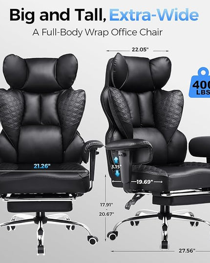 COMHOMA Big and Tall Office Chair 400LBS Heavy Duty Gaming Chair with Deluxe Embossing Leather High Back Wider Ergonomic Computer Chair with Foot Rest 150°Reclining Pocket Spring Lumbar Support
