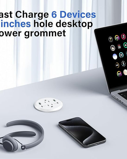 Desktop Power Grommet 3-inch Hole,40W Total Fast Charging Station, 2 PD 20W USB C Port,Flush-Mount Recessed Power Strip, 2 AC Outlets,4 USB Ports,in to The Top of Your Desk,6ft Cord