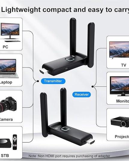 Wireless HDMI Transmitter and Receiver,HDMI Wireless Remote Adapter 165FT/50M,No Hot,Plug and Play,2.4/5GH for 1080P Wirelessly Streaming Video from Laptop,Cable Box,Camera,PC to Monitor/TV/Phone