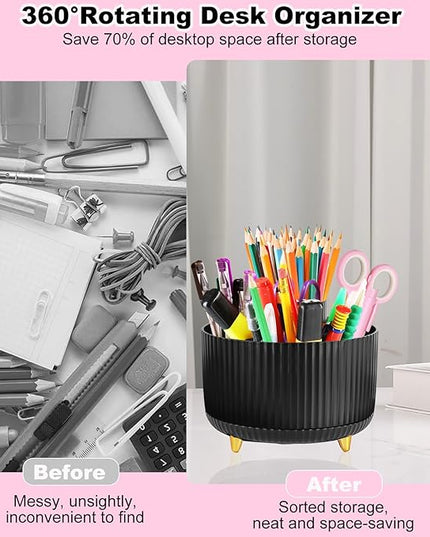 Desk Organizers and Accessories Set with 360-Degree Rotating Pen Holder, Tape Dispenser, Stapler, Staple Remover, 1000 Staples, Tape, Clips Set, Ruler, Scissor, Pen