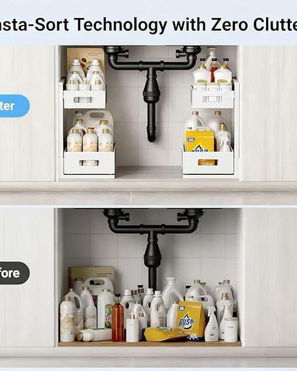 Under Sink Organizer, Adjustable Height 2 Tier Under Sink Organizers and Storage Multi-Purpose Under Sink Storage for Bathroom Kitchen