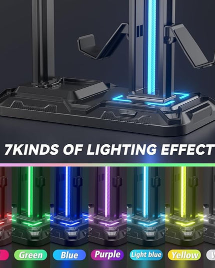KDD RGB Multi-Controller Holder with 9 Light Modes - Rotatable Universal Headphone Hanger - Controller Stand with 6 Detachable Hooks for Desktop Gamer Accessories