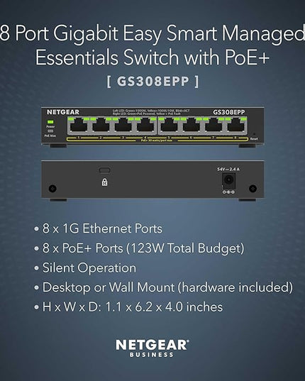 NETGEAR 8 Port PoE Gigabit Ethernet Easy Smart Managed Essentials Switch (GS308EPP) - with 8 x PoE+ @ 123W, Desktop or Wall Mount