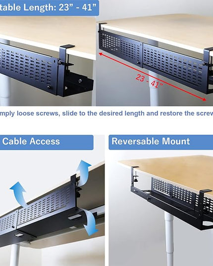 AEONS Under Desk Cable Management Tray Kit - Horizontal Adjustable up to 41” Removable C Clamp Mount Reversible Computer Cord Raceway and Modesty Panel for Large Table, Black