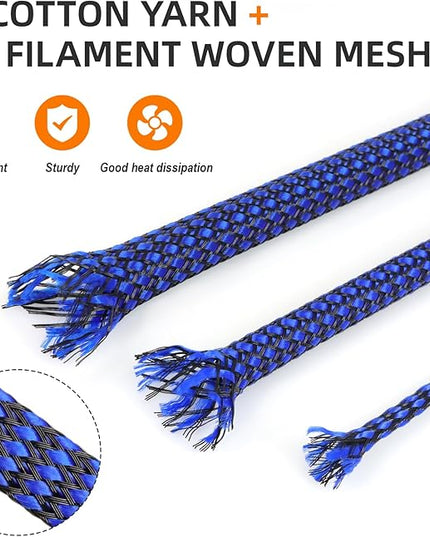 Braided Expandable Cable Sleeve, 25ft PP Cotton and PET Braided Cable Management, Flexible Mesh Wire Loom and Cable Protector for TV, Computer, Home Theater, Automotive (Blue, 1/8")