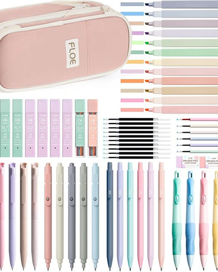 65PCS Aesthetic School Supplies with Cute Pencil Case, Pastel Highlighters Gel Pens Mechanical Pencils Set 0.5 0.7 & 2.0mm, Office Back to School Supplies College Essentials Kit Student Stationary Set