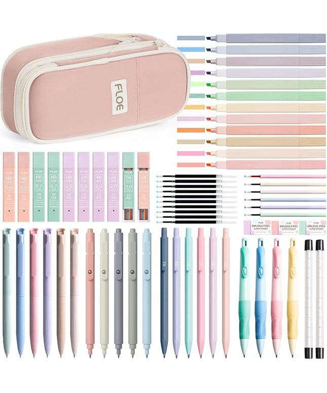 65PCS Aesthetic School Supplies with Cute Pencil Case, Pastel Highlighters Gel Pens Mechanical Pencils Set 0.5 0.7 & 2.0mm, Office Back to School Supplies College Essentials Kit Student Stationary Set
