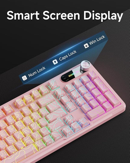 V102 Wired Keyboard, 98 Keys Creamy Gaming Keyboard with Number Pad, Display Screen & Media Knob RGB Silent Wired Cute Computer Keyboard for Laptop PC Gamer - Light Pink