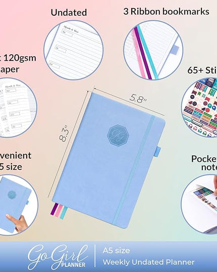 GoGirl Planner and Organizer for Women – A5 Size Weekly Planner, Goals Journal & Agenda to Improve Time Management, Productivity & Live Happier. Undated – Start Anytime, Lasts 1 Year – Light Blue