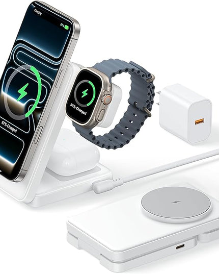 3 in 1 Magnetic Charging Station, 15W Fast Wireless Charger Compatible with MagSafe Charger Stand for iPhone 17 16 15 14 13 12, Apple Watch Charger & AirPods, Foldable Travel Charging Dock, White