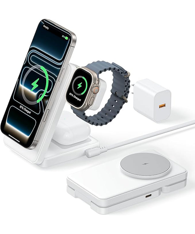 3 in 1 Magnetic Charging Station, 15W Fast Wireless Charger Compatible with MagSafe Charger Stand for iPhone 17 16 15 14 13 12, Apple Watch Charger & AirPods, Foldable Travel Charging Dock, White