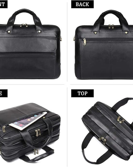 Augus Leather Briefcase for Men Business Travel Messenger Bags 15.6 Inch Laptop Bag, Black