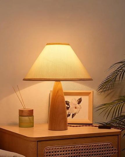 Bedside Table Lamp for Bedroom, Mid-Century Modern Plug in Fabric Shade & Solid Wood Base Desk Lamp, Plug & Play Yellow Wood Nightstand Lamp for Living Room, Office 【Bulb Included】