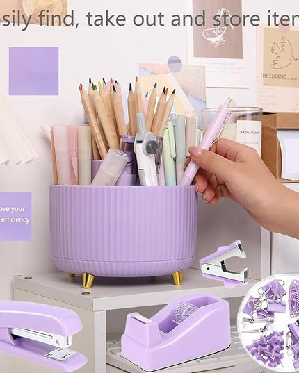 Office Supplies,Desk Accessories,with Stapler,Tape Dispenser,Staple Remover,Scissor,Ballpoint Pen,Sticky Notes,Clear Tape,Staples,Desk Organizer,Phone Stand,Binder,Index Tabs,Best Gift Set(Purple)