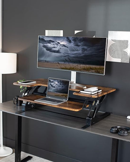 VIVO 42 inch Height Adjustable Stand Up Desk Converter, V Series, Quick Sit to Stand Tabletop Dual Monitor Riser Workstation, Rustic Vintage Brown Top, Black Frame, DESK-V000VLN