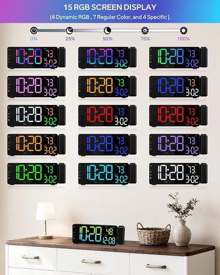 Projection Alarm Clocks, RGB Desk Clock with 180° Rotatable Projector 15 Color Display, Date Temperature and Weekday, DST, Snooze, Ambient Lighting for Living Room,Bedroom Bedside Office Decor