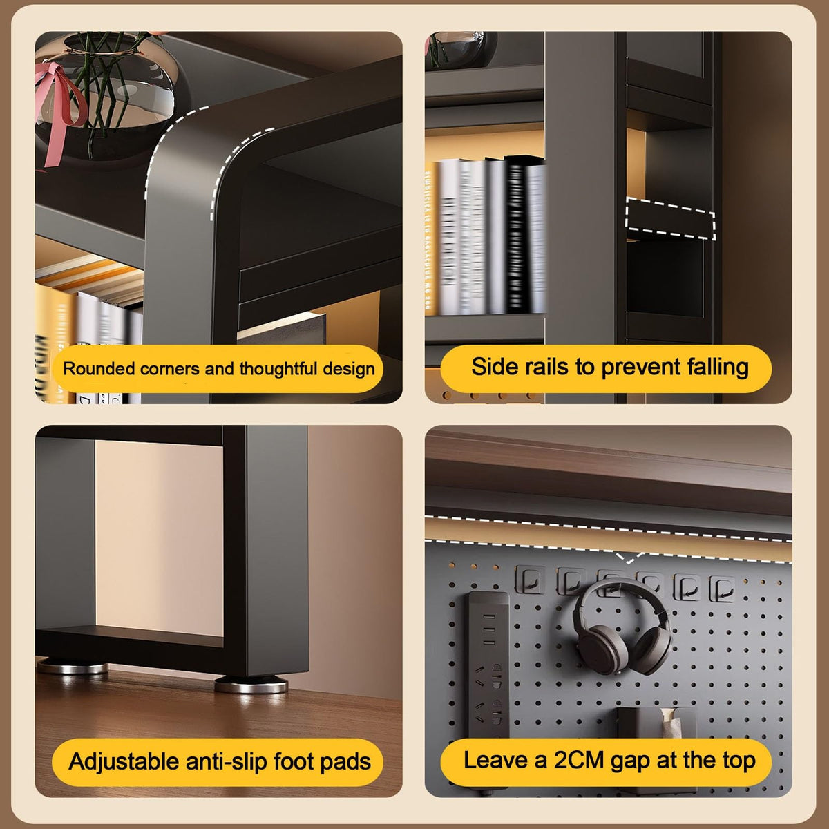 2/3/4 Tier Desktop Bookshelf with Pegboard and Storage Parts, Metal Desktop Organizer Hutch, Desk Shelves for Top of Desk, Shelf Organizer Display Rack for Dorm Home(Black+Brown,4-tier L61in)