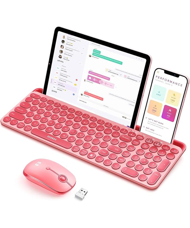 seenda Bluetooth Keyboard and Mouse for iPad, CTU-301 Wireless Multi-Device Connection Bluetooth+2.4G Keyboard Mouse Combo with Tablet Holder for iPad/MacBook/Windows, iOS/Andriod/Phone, Coral Pink