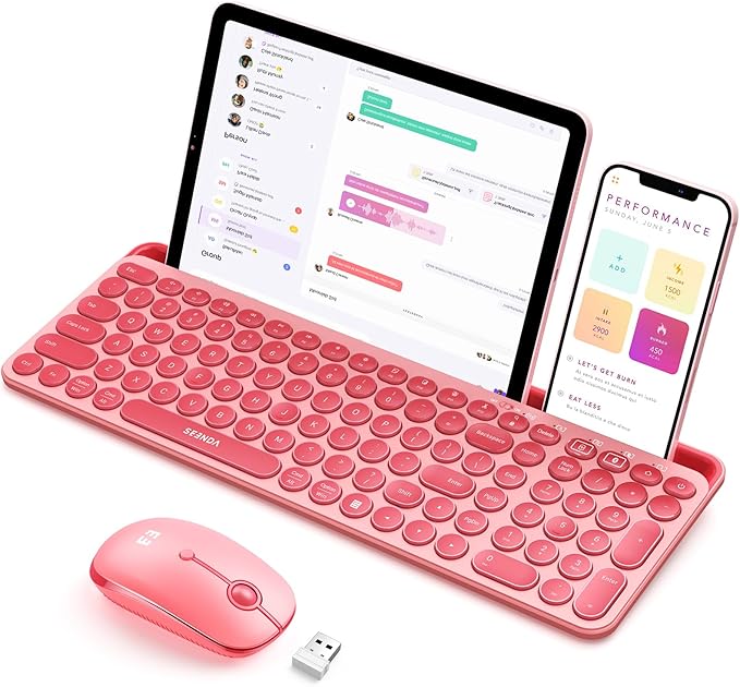 seenda Bluetooth Keyboard and Mouse for iPad, CTU-301 Wireless Multi-Device Connection Bluetooth+2.4G Keyboard Mouse Combo with Tablet Holder for iPad/MacBook/Windows, iOS/Andriod/Phone, Coral Pink