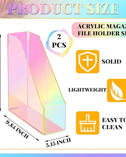 2 Pcs Iridescent Vertical Magazine File Holder Acrylic Magazine Holder Storage Organizer Plastic Clear Acrylic Rack for Office Classroom Home Document Paper Book Collection