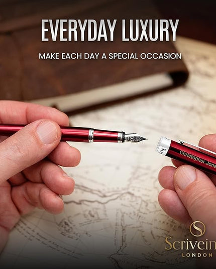 Scriveiner Personalized Deep Crimson Red Pen - Stunning Red Lacquer Luxury Pen with Chrome FinishGerman Schmidt Nib (Medium), Best Engraved Fountain Pen Gift Set for Men & Women, Name Engraving