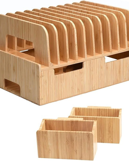 MobileVision Bamboo 12-Port Charging Station & Docking Organizer for Smartphones & Tablets, Family-Sized, for use in Corporate Offices & Classrooms (With 2 Bamboo Caddy Add Ons Included)