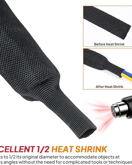 Black 2:1 Ratio Automotive Heat Shrink Braided Sleeving,Wear-Resistant Flat Woven Shrinkable Sleeve Fabric Car Cable Wires Hoses Protection (1-1/8"-8ft)
