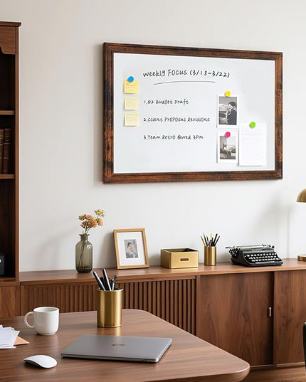Large White Board for Wall, 36'' x 24'' Magnetic Dry Erase Board, Decorative Whiteboard, Brown Vintage Wooden Frame
