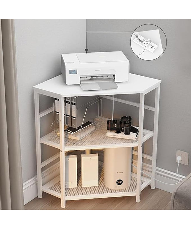 VEDECASA Corner Printer Stand Table with Power Outlet Charging Plugs USB Port Adjustable Storage Shelf Computer Tower CPU Stand Holder for Home Office (White)