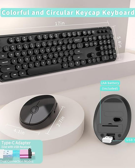 Wireless Keyboard and Mouse Combo, Ergonomic Full Size Typewriter Retro Round Keycaps Keyboard, Compatible with Windows, PC, Perfer for Home and Office Keyboards (Black