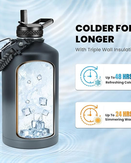 One Gallon Water Bottle Insulated, Triple Walled Vacuum Stainless Steel (Cold for 48 Hrs), Leak Proof & Non-BPA, Large Water Flask Jug with Paracord Handle & Straw Spout Lids