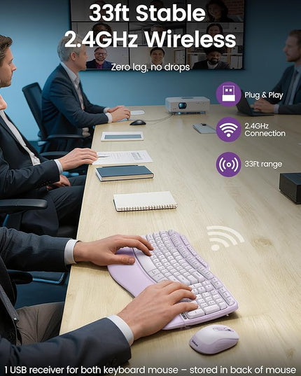 Purple Ergonomic Wireless Keyboard and Mouse Combo, Sablute 2.4G Full Size Ergo Wave Key Board with Cushioned Plam Rest, Natural Typing, 3 DPI Adjustable Silent Mouse for Computer/Laptop/Windows/Mac