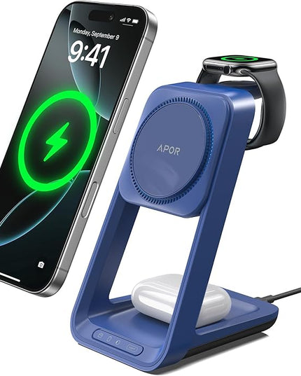 3 in 1 Charging Station for iPhone, Magsafe Wireless Charger with Cooling Fan for iPhone 17 16e 16 15 14 13 12 Series & Apple Watch Charger, Wireless Charging Station for AirPods 4/3/Pro (Blue)