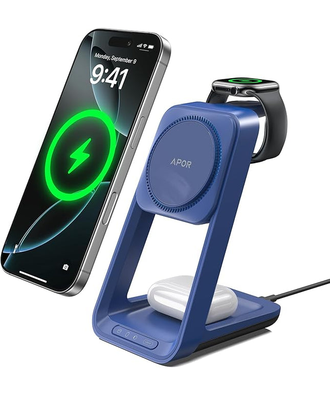 3 in 1 Charging Station for iPhone, Magsafe Wireless Charger with Cooling Fan for iPhone 17 16e 16 15 14 13 12 Series & Apple Watch Charger, Wireless Charging Station for AirPods 4/3/Pro (Blue)