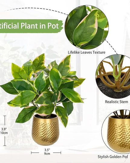 Oairse Articicial Plants Indoor Small Fake Plants in Pots Faux Pothos N‘ Joy Potted Plant Fake Indoor Plants with Gold Pots for Bathroom Living Room Office Desk Shelves