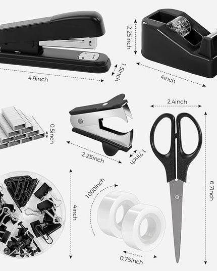 SKYDUE Black Office Supplies Set, Black Desk Accessories, Stapler, Tape Dispenser, Scissors, Binder/Paper Clips and 1000pcs Staples, Desk Supplies Set