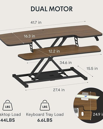 FLXISPOT 42" Standing Desk Converter Sit to Stand up Riser Height Adjustable Monitor and Laptop Workstation with Spacious 2-Tier Desktop, Walnut Color
