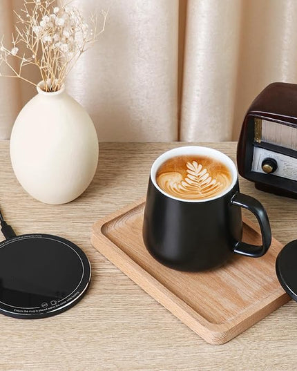 APEKX Warm Cup Coffee Mug Warmer Set - Smart Stable Constant Temperature 131°F, 15W Wireless Charging, 12.8 oz Capacity - Supports USB-C Interface, Automatic Power On/Off Function (4 H). (Black)